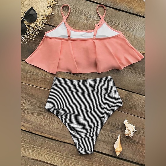 CUPSHE Pink and Stripe High Waisted Bikini Sets Sexy TankTop Swimsuit Two Pieces - Picture 6 of 8
